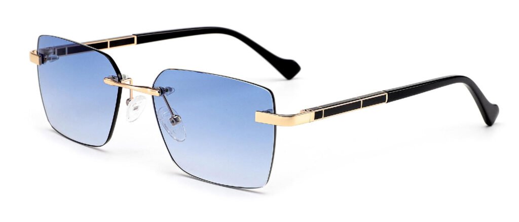 gold rimless metal sunglasses with blue polarized lens